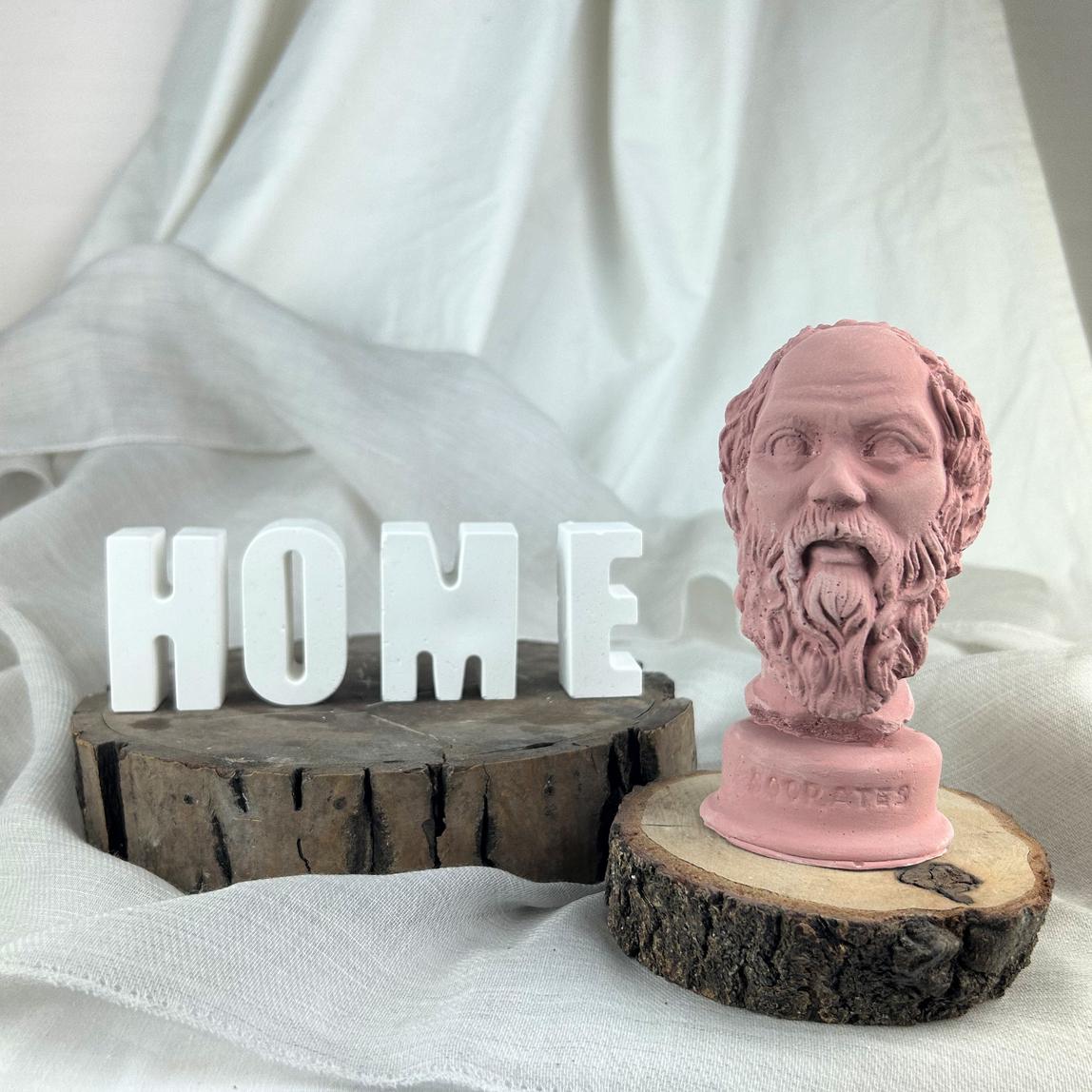 Antik Pembe Socrates 13 cm Büst ve " H O M E " Yazısı Beton Dekoratif Obje