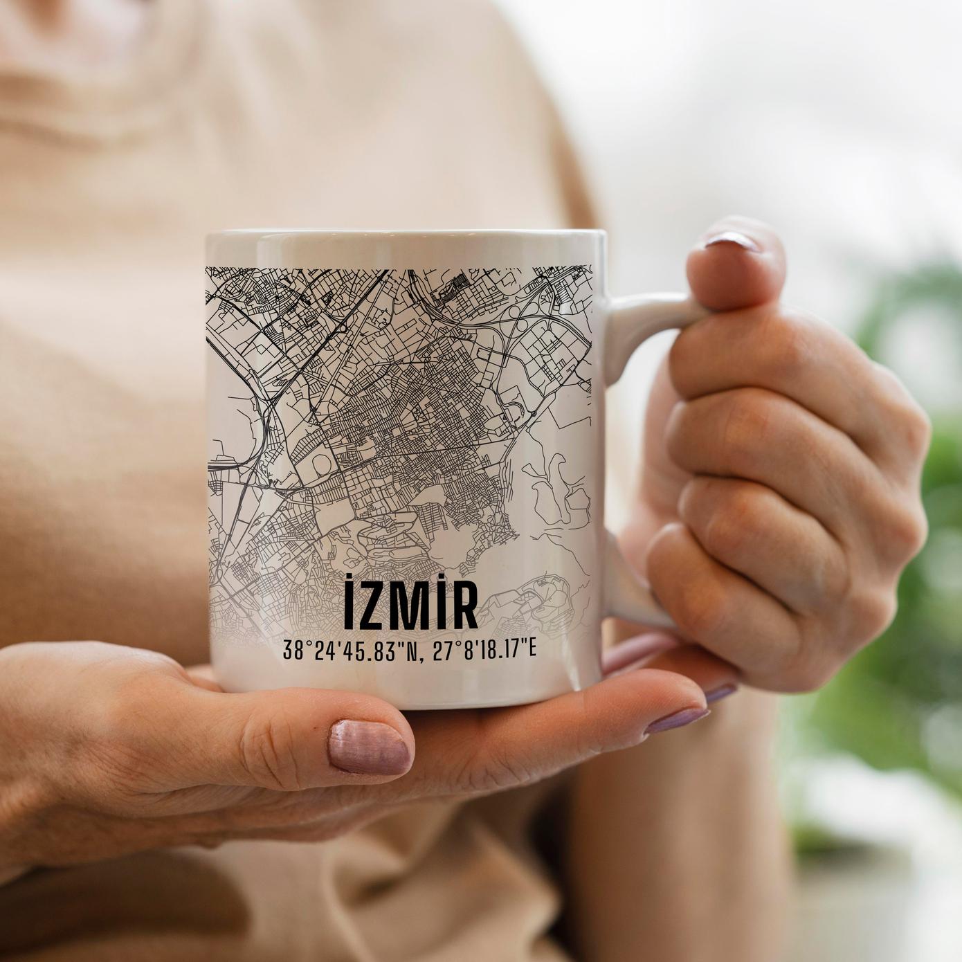 İzmir Şehir Haritası Baskılı Porselen Kupa Bardak