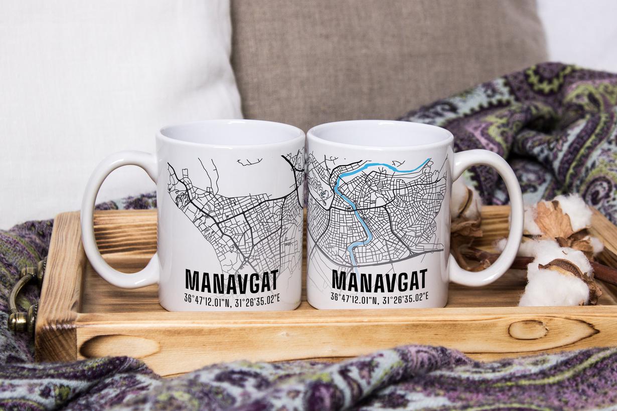 Manavgat Şehir Haritası Baskılı Porselen Kupa Bardak
